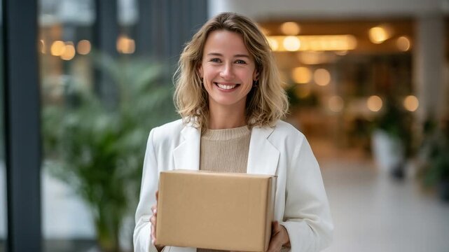 A graceful woman stands by a sunlit window, holding a delivery box with a serene smile, enveloped in a warm, golden ambiance.