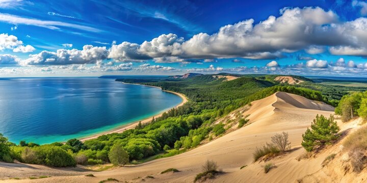 Panoramic view of Sleeping Bear Dunes Overlook on a clear sunny day with lush greenery and towering sand dunes in the foreground , sleeping bear dunes, great lakes region