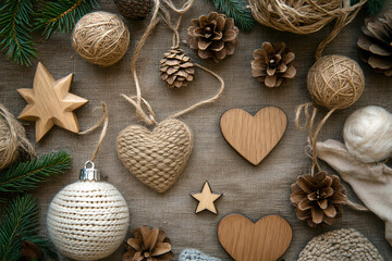 Christmas decoration with wooden hearts, lien background.