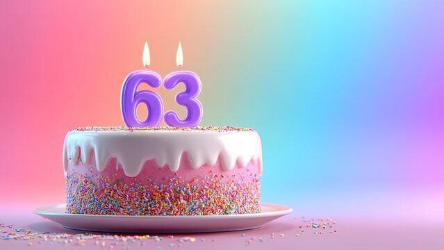 Pink and White 63rd Birthday Cake with Sprinkles and Candles