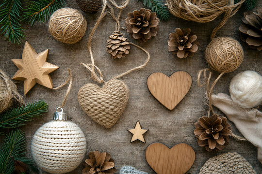 Christmas decoration with wooden hearts, lien background.
