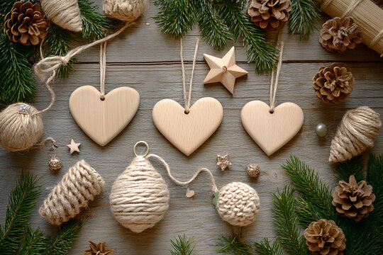 Handmade Wooden Ornaments on Linen Background