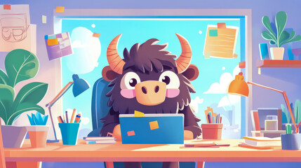 Whimsical cartoon monster working diligently on laptop at bright, sunlit desk in cozy, plant-filled home office with cheerful blue sky outside