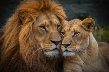 Fototapeta premium Close-up of a lion's face. The male and female lions are enjoying a loving moment in captivity.