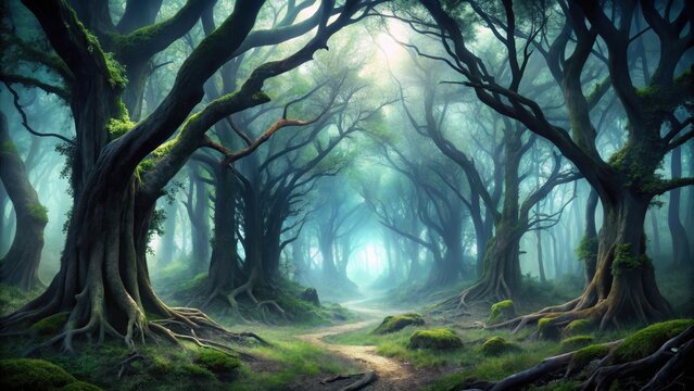 Dark forest with twisted trees and eerie mist, shadowy landscape