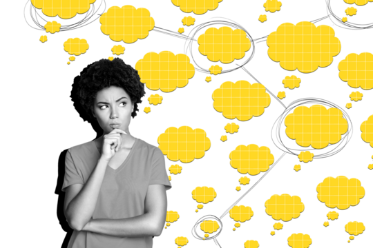 Composite photo collage of minded american girl think solution bubble communication concept dilemma speak isolated on painted background