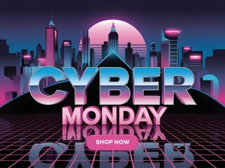Retro style cyber monday sale advertisement with city skyline at sunset and grid floor reflection, featuring large metallic text and shop now button