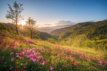Fototapeta premium Sunrise over mountain hills covered with blooming flowers