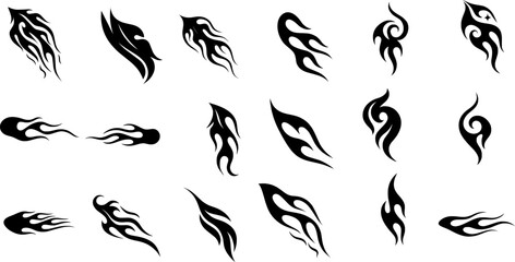 Tribal Flame Tattoo Icon Collection — Featuring unique flame motifs with sharp edges, flowing curves, and symmetrical.