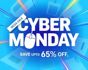 Cyber monday mega sale banner with a computer mouse and electronic devices, advertising up to 65 off discounts for online shopping