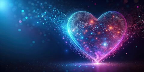 Iridescent heart neon particles suspended in a dark blue background with pastel pink and purple hues, modern aesthetic, neon particles
