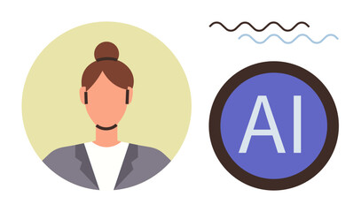 Womans profile in corporate attire near AI sign and abstract lines. Ideal for technology, artificial intelligence, innovation, modern workforce, digital transformation, business, education. Simple