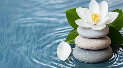 Fototapeta premium serene arrangement of smooth stones topped with a white lotus flower, surrounded by calm water, creating a peaceful and tranquil atmosphere.