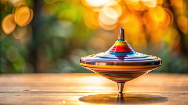 A spinning top toy balancing on a tip with a blurred background showing the gyroscopic effect, optical illusion, rotation