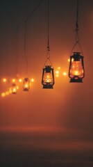Foggy blurred background with dim lantern lights, ghostly shadows moving softly, vintage Halloween mood, dark orange gradient haze, cinematic depth with clear copy space.