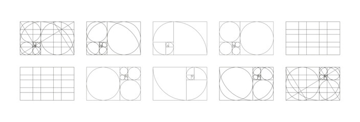 Golden ratio samples. Fibonacci array, numbers forms. Harmony proportions black frames big set. Method golden section flat icons. Golden Spiral patterns. Outline graphic thin printable illustrations.