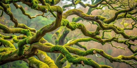 Naklejka premium Twisted Oak Branches in Moss , design, forest, design, forest, texture