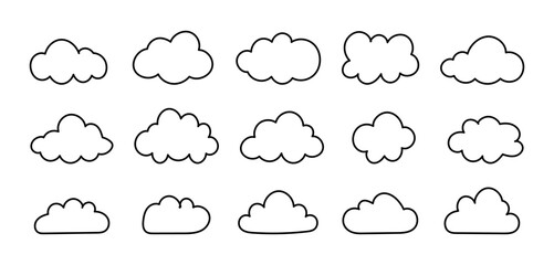 Outline clouds. Puffy, cumulus flat clouds. Doodle fluffy clouds set. Cloudy forms samples in black contour. Weather element simple templates. Hand drawn thin cute icons. Objects cloudscape mockups.