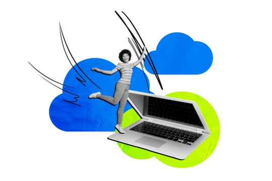 Composite artwork collage image picture of mini girl big laptop cloud isolated on creative background