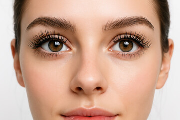 Naklejka premium Close-up of woman with bright eyes and natural makeup capturing intense gaze and beauty detail. concept of natural beauty, facial features, elegant simplicity