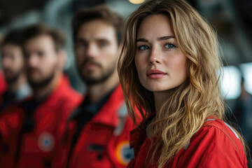 Fototapeta premium Team in Red Overalls Coordinating with Oil Field Hologram