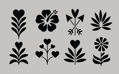 Collection of black silhouette decorative floral elements and heart shapes vector illustration scalable eps icon graphics silhouette vector illustration white background