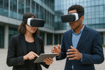 Young african american man and woman using virtual reality headsets outside modern building. concept of technology exploration, business innovation, digital interaction