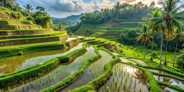 A serene terraced rice field in Bali's countryside with a traditional Subak irrigation system, featuring intricate stone canals and lush green paddies, Agriculture, Irrigation