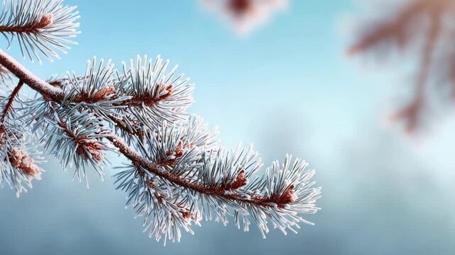 Frost-covered pine branch against a pale blue winter sky.