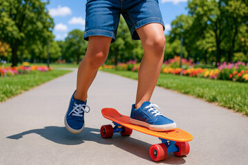 Child skateboarding confidently in park on a sunny day, embracing outdoor fun and adventure. concept of active lifestyle, skill development, youthful joy
