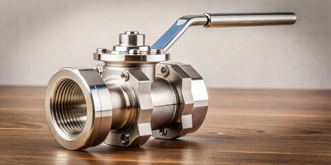Ball valve parts lying on a clean table in cross-section view with stem and handle , machinery, mechanical component