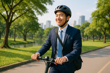 Asian business man enjoying an eco-friendly scooter ride in a city park during a sunny day. concept of clean transportation, urban commuting, environmental awareness