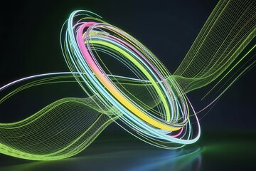 Futuristic abstract composition showcasing colorful circular light trails and wavy mesh structures in a dark environment evoking technology and innovation