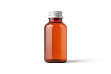 Brown glass medicine bottle on white backdrop with clipping path. Cough syrup mock-up.