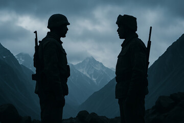 Silhouettes of soldiers facing each other against a majestic mountain range, highlighting themes of military strategy, unity, and the serenity of nature