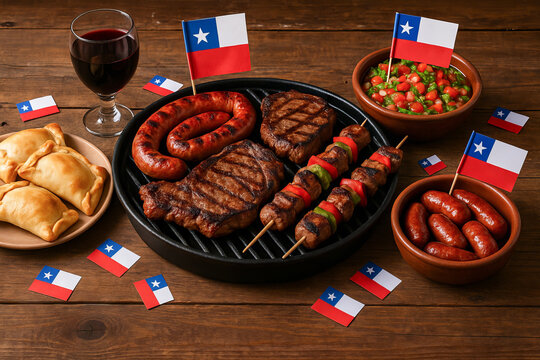 Chilean fiestas patrias parrillada with grilled meats, empanadas, and wine on wooden table. concept of traditional celebration, chilean cuisine, festive food.