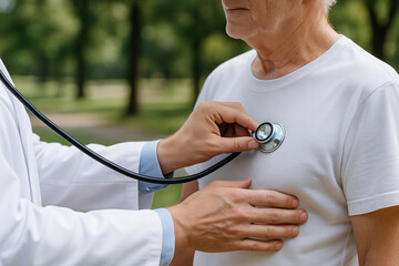 Doctor conducting medical examination with stethoscope in park setting on elderly patient. concept of healthcare checkup, outdoor medical care, patient doctor interaction