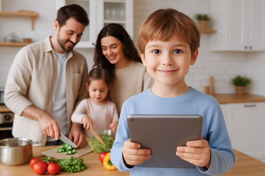 Smiling young boy holding tablet in modern kitchen while family prepares lunch together. concept of family bonding, digital technology, everyday life.