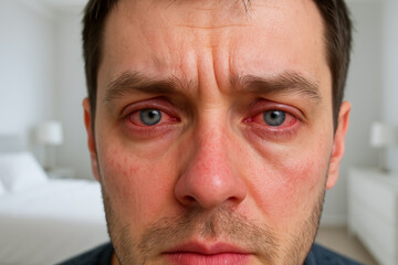 Obraz premium Close-up of a man with inflamed red eyes due to allergy or fatigue in a bright bedroom setting. concept of health issue, eye irritation, medical concern