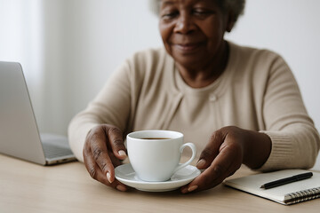 Elderly african american woman enjoying coffee at a workplace desk with laptop and notebook, concept of comfort, productivity, and warm beverage