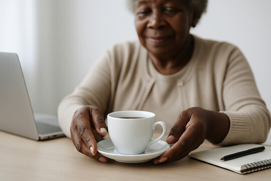 Elderly african american woman enjoying coffee at a workplace desk with laptop and notebook, concept of comfort, productivity, and warm beverage