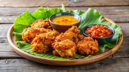 Fototapeta premium Indonesian fried chicken with spicy sambal sauce on a plate , yellow sauce, fried chicken