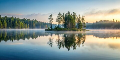 Fototapeta premium A serene and peaceful reflection of a misty forest on the surface of a calm lake at dawn, still lake, nature, still lake