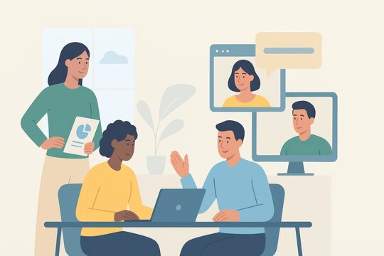 Team Virtual Meeting And Collaboration In Modern Office With Remote Participants And Screens