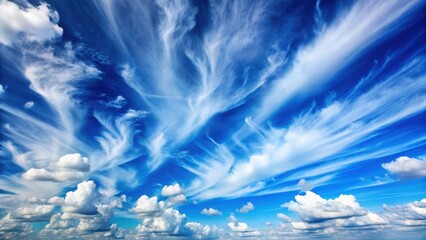 Soft, white clouds scattered across a brilliant blue sky, with a few wispy strands stretching out from the horizon , serene atmosphere, natural landscape