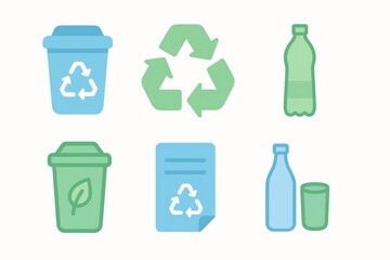 Obraz premium Eco Recycling Icons Set With Bins Bottles Paper And Leaves For Environment And Sustainability