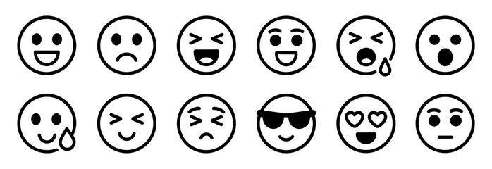 Set of Simple Emoji Faces Icons with Various Expressions