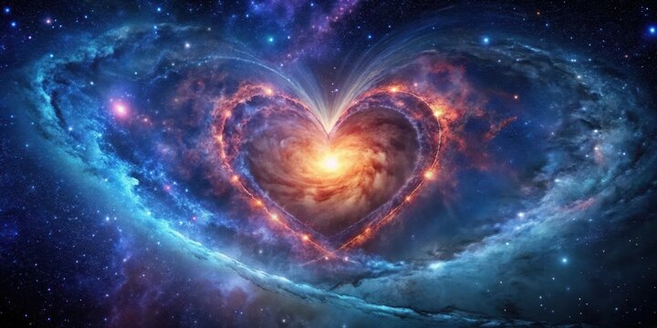 Glowing heart amidst starry night sky with swirling galaxies and nebulas, glowing heart, space, glowing heart