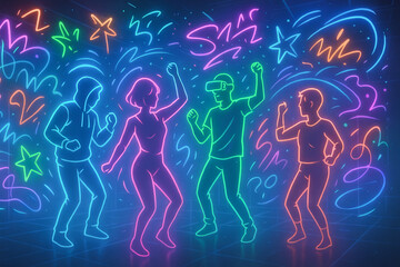 Neon illustration of virtual party in the metaverse with dancing figures in a futuristic space. concept of digital celebration, virtual reality, modern social gathering