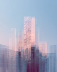 Fototapeta premium Abstract Layered Skyscraper Cityscape in Pastel Blue and Pink. AI generative